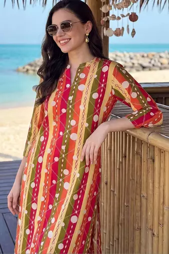 women printed regular cotton kurta with trousers