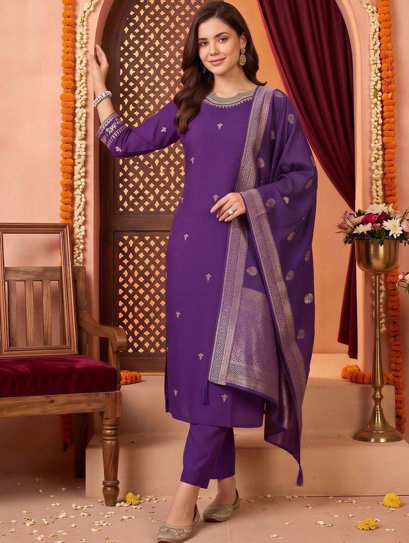 women ethnic motifs embroidered regular kurta with trousers & with dupatta