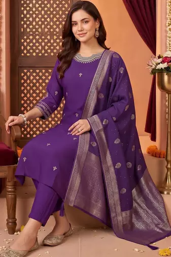 women ethnic motifs embroidered regular kurta with trousers & with dupatta