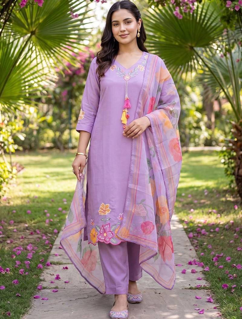 women floral embroidered regular thread work kurta with trousers & with dupatta