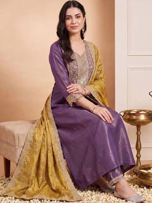 women ethnic motifs embroidered empire thread work kurta with trousers & with dupatta 2