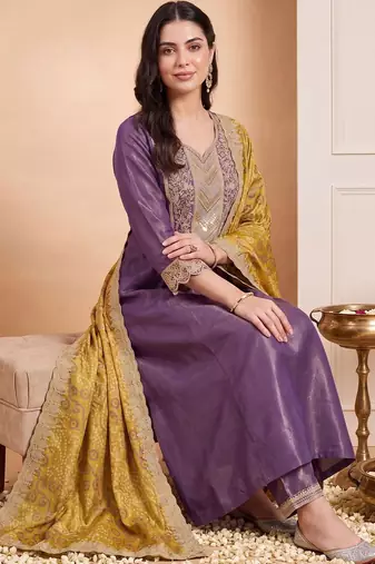 women ethnic motifs embroidered empire thread work kurta with trousers & with dupatta