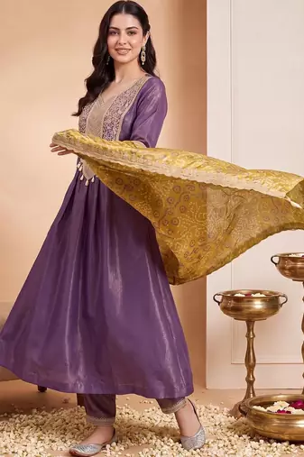 women ethnic motifs embroidered empire thread work kurta with trousers & with dupatta
