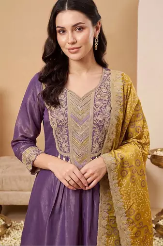 women ethnic motifs embroidered empire thread work kurta with trousers & with dupatta