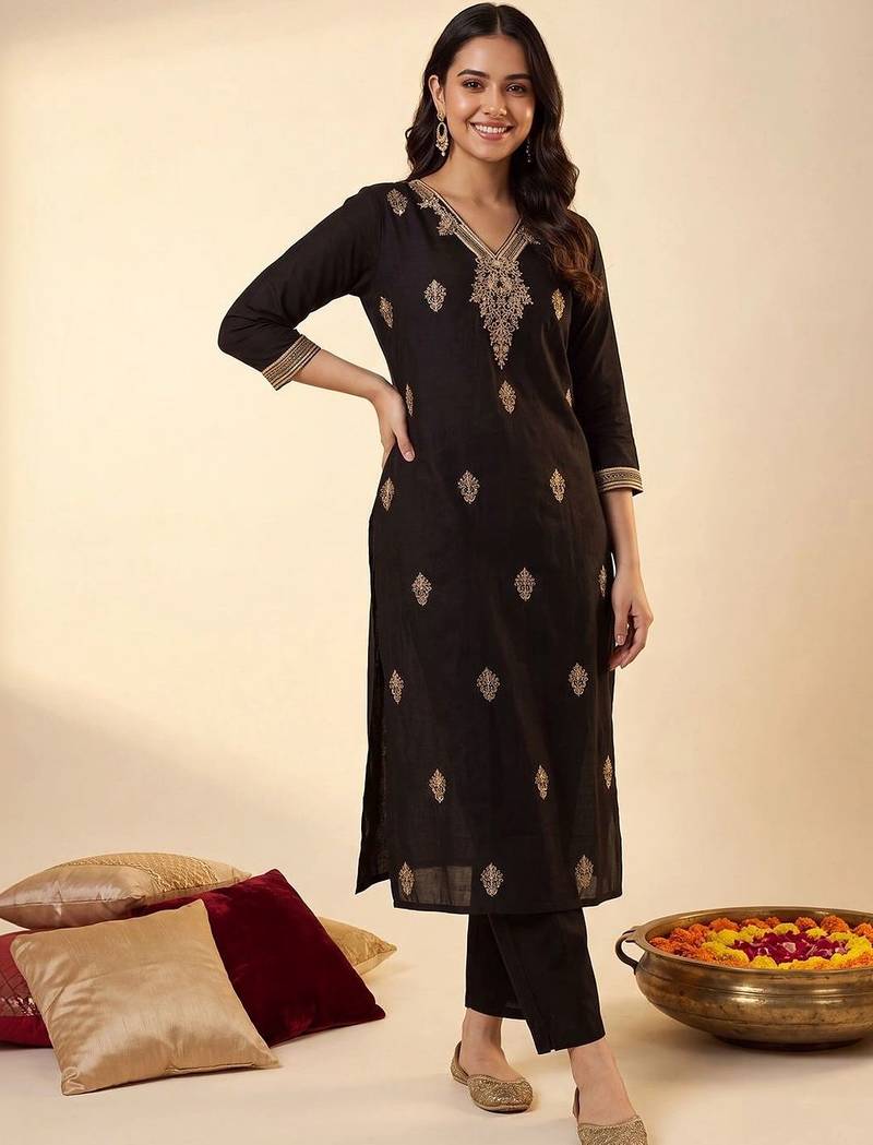 women ethnic motifs embroidered regular thread work kurta with trousers