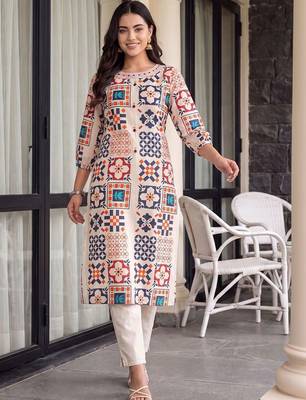 women printed regular kurta with trousers 6