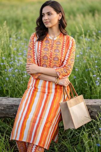 women ethnic motifs printed regular cotton kurta with trousers