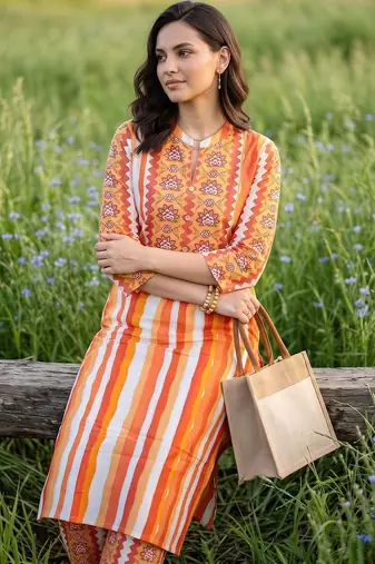 women ethnic motifs printed regular cotton kurta with trousers