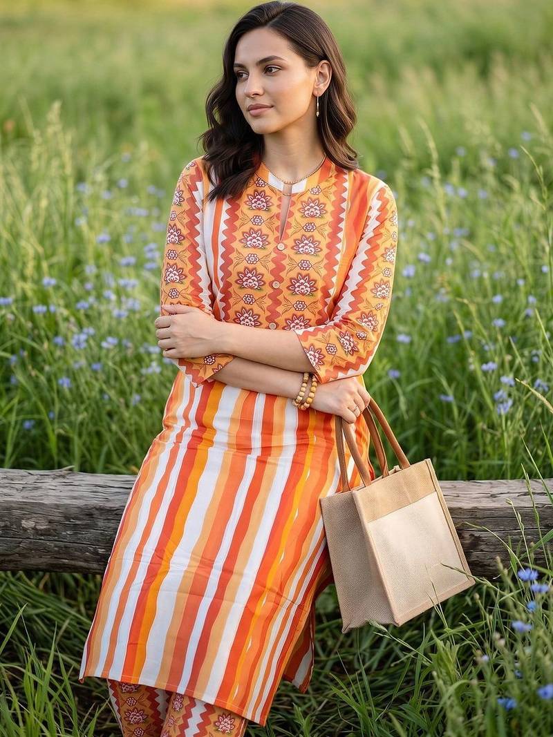 women ethnic motifs printed regular cotton kurta with trousers