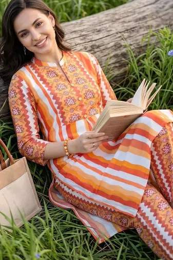 women ethnic motifs printed regular cotton kurta with trousers