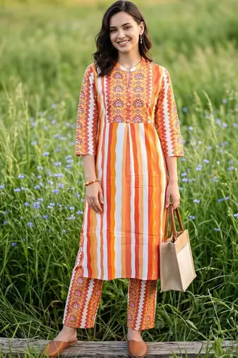 women ethnic motifs printed regular cotton kurta with trousers