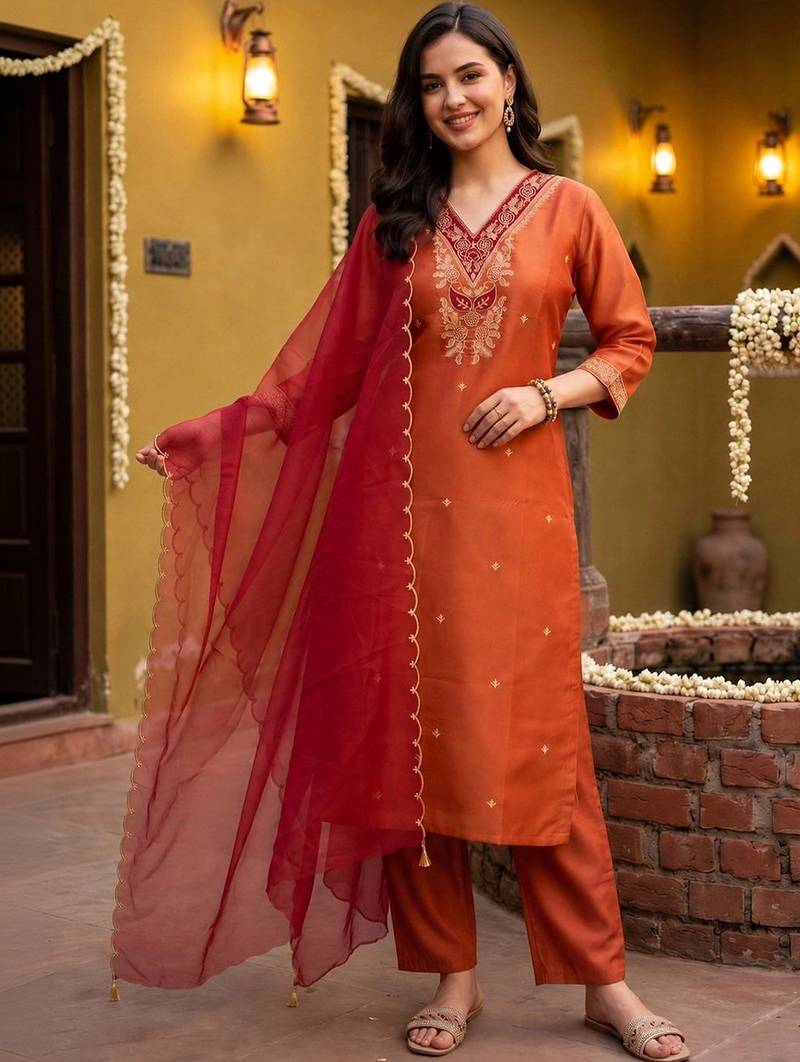 women ethnic motifs embroidered regular thread work kurta with trousers & with dupatta