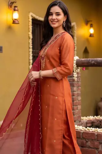 women ethnic motifs embroidered regular thread work kurta with trousers & with dupatta