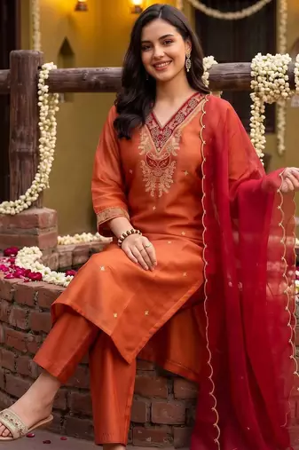 women ethnic motifs embroidered regular thread work kurta with trousers & with dupatta