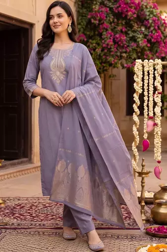 women ethnic motifs embroidered regular thread work kurta with trousers & with dupatta