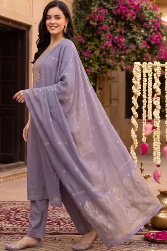 women ethnic motifs embroidered regular thread work kurta with trousers & with dupatta