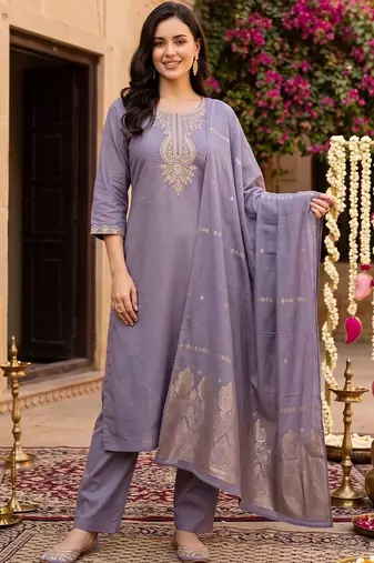 women ethnic motifs embroidered regular thread work kurta with trousers & with dupatta