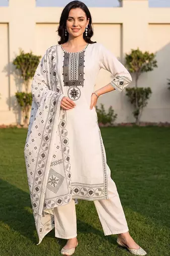 women ethnic motifs embroidered regular mirror work cotton kurta with trousers & with dupatta