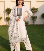 women ethnic motifs embroidered regular mirror work cotton kurta with trousers & with dupatta