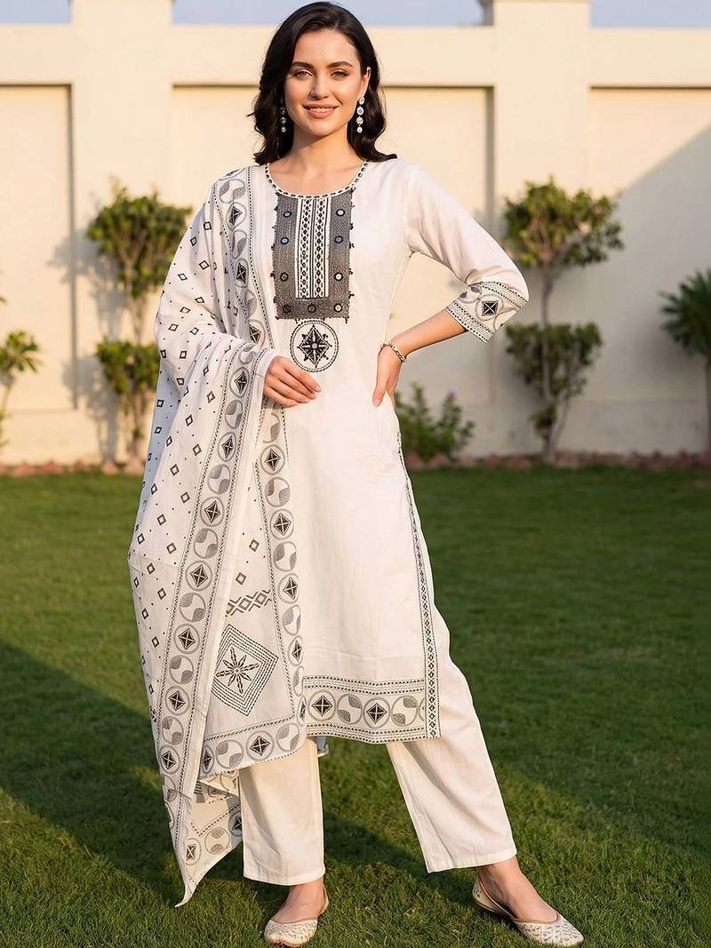 women ethnic motifs embroidered regular mirror work cotton kurta with trousers & with dupatta