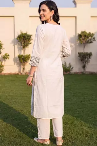 women ethnic motifs embroidered regular mirror work cotton kurta with trousers & with dupatta
