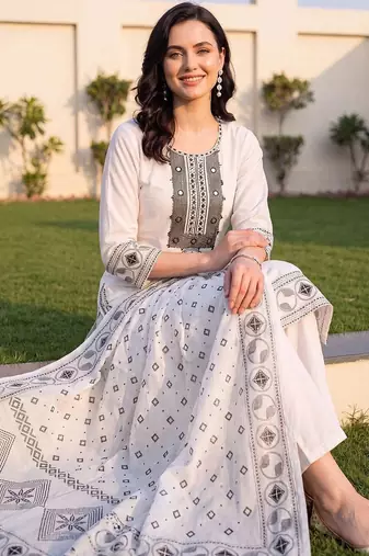 women ethnic motifs embroidered regular mirror work cotton kurta with trousers & with dupatta