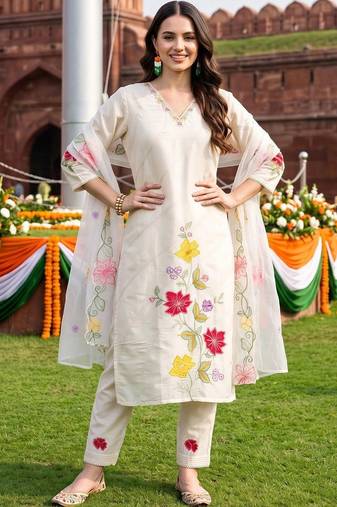 women floral embroidered regular thread work kurta with trousers & with dupatta