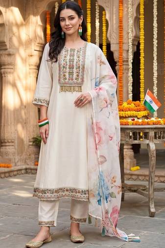 women floral embroidered regular thread work kurta with trousers & with dupatta