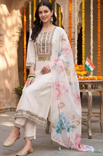 women floral embroidered regular thread work kurta with trousers & with dupatta