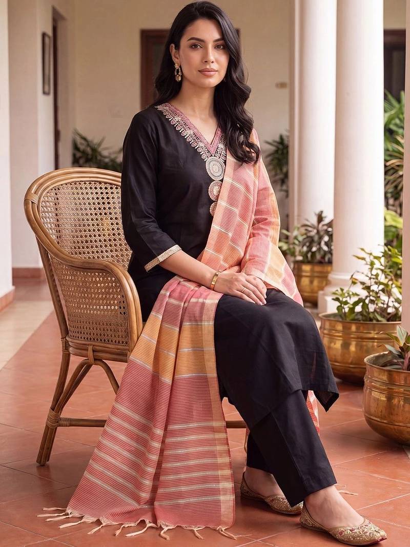 women ethnic motifs embroidered regular thread work kurta with trousers & with dupatta