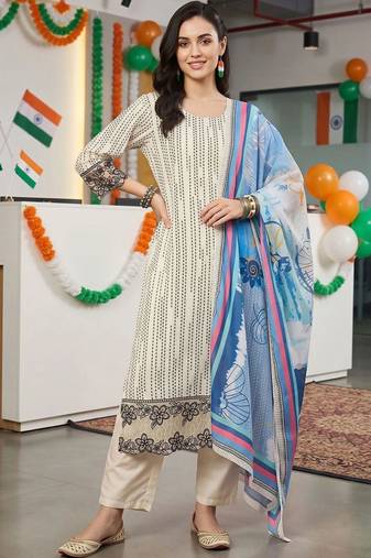 women printed regular thread work kurta with trousers & with dupatta