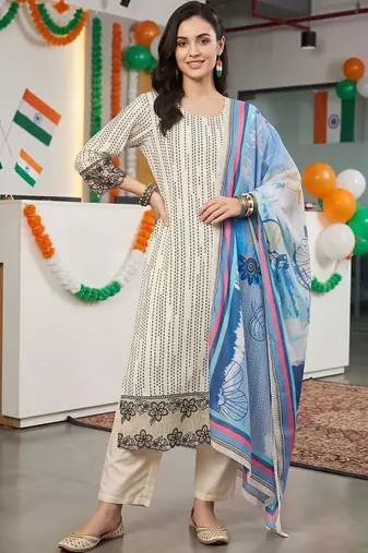 women printed regular thread work kurta with trousers & with dupatta