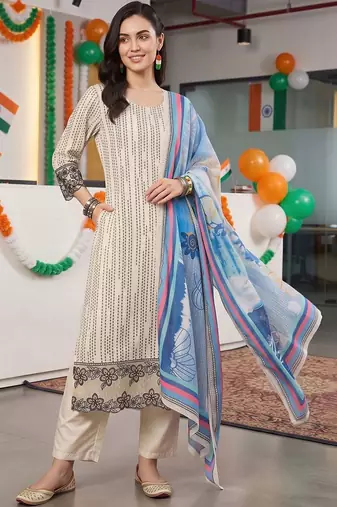 women printed regular thread work kurta with trousers & with dupatta