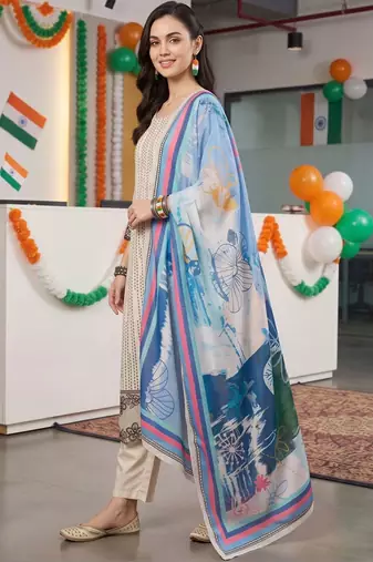 women printed regular thread work kurta with trousers & with dupatta
