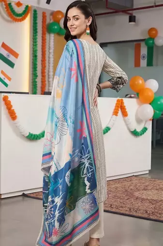women printed regular thread work kurta with trousers & with dupatta