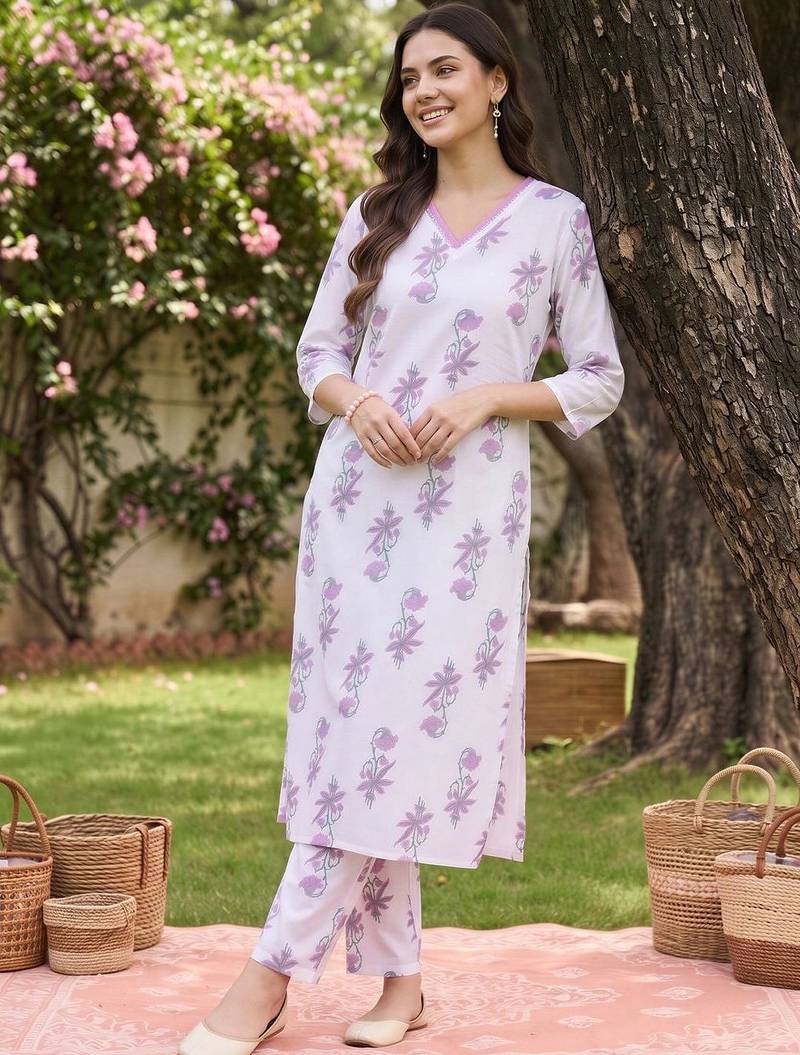 women floral printed regular cotton kurta with trousers