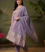 women ethnic motifs embroidered regular thread work kurta with trousers & with dupatta