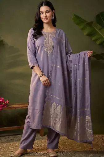 women ethnic motifs embroidered regular thread work kurta with trousers & with dupatta