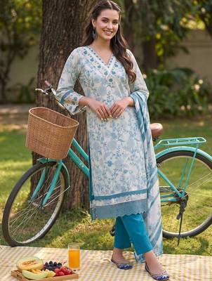 women floral printed regular thread work cotton kurta with trousers & with dupatta 1
