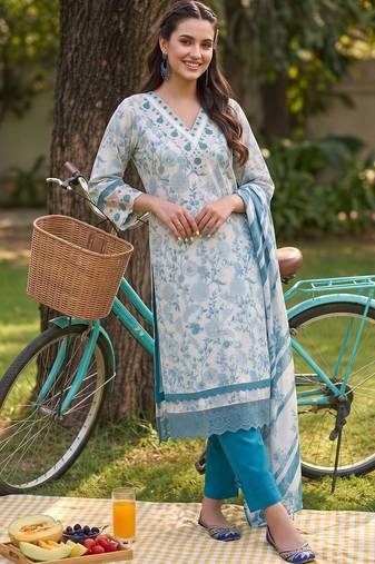 women floral printed regular thread work cotton kurta with trousers & with dupatta
