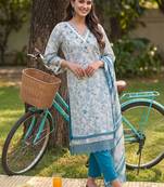 women floral printed regular thread work cotton kurta with trousers & with dupatta