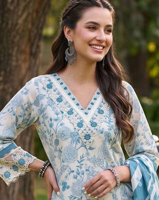 women floral printed regular thread work cotton kurta with trousers & with dupatta 2