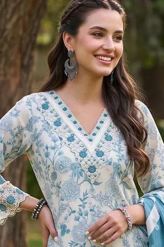 women floral printed regular thread work cotton kurta with trousers & with dupatta
