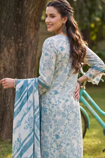 women floral printed regular thread work cotton kurta with trousers & with dupatta