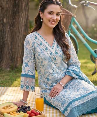 women floral printed regular thread work cotton kurta with trousers & with dupatta 5