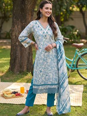 women floral printed regular thread work cotton kurta with trousers & with dupatta 6