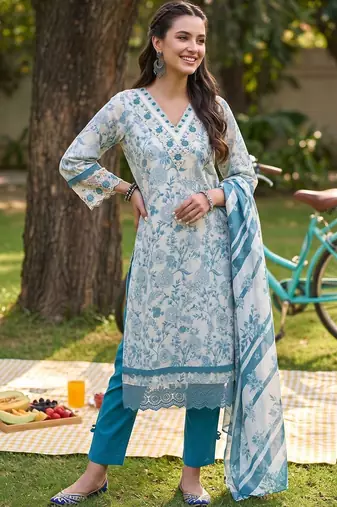women floral printed regular thread work cotton kurta with trousers & with dupatta