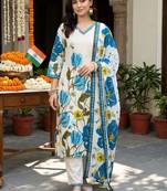 women floral printed regular cotton kurta with trousers & with dupatta