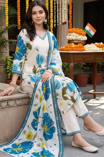 women floral printed regular cotton kurta with trousers & with dupatta