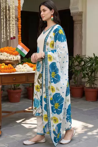 women floral printed regular cotton kurta with trousers & with dupatta